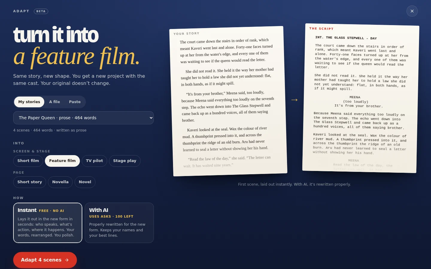 Adapt: a chapter of The Paper Queen on the left, the same scene laid out as a screenplay on the right
