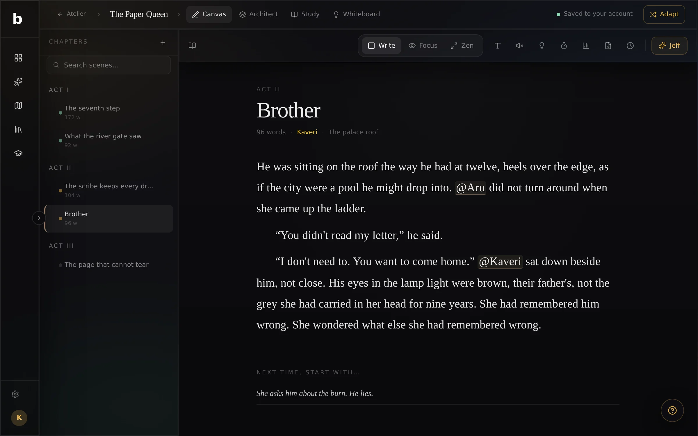 The Buildblur Canvas: a scene from The Paper Queen, with a note left for today and @mentions in the prose