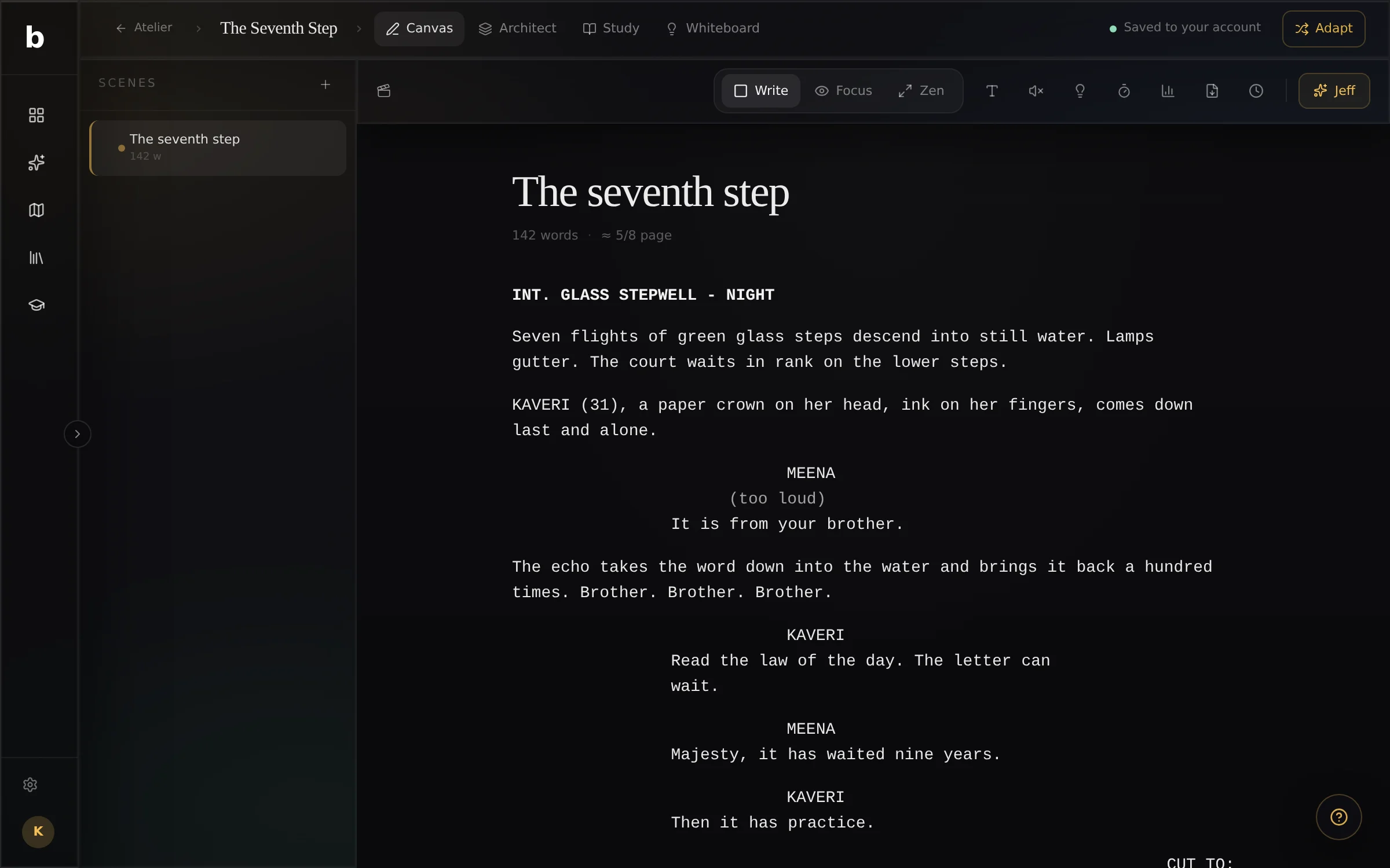 A screenplay page in Buildblur: scene heading, action, character, parenthetical and dialogue